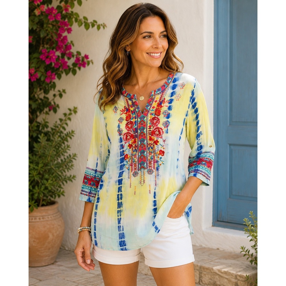 Caleesa Womens Tie Dye Embroidered Boho Tunic Top Blue Yellow Rayon Dress L NWOT